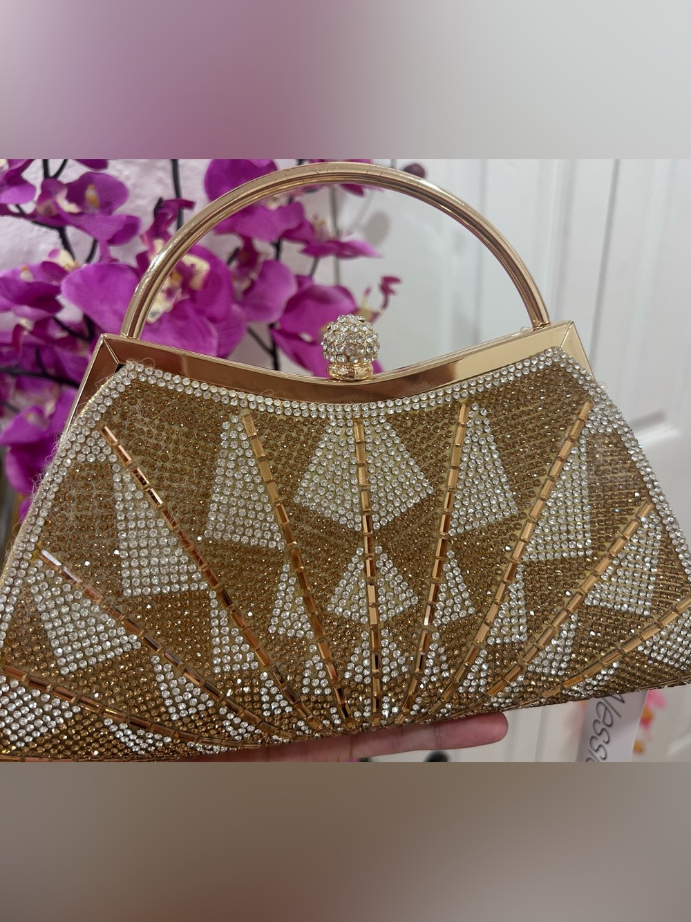 Gold Crystal-Embellished Evening Clutch Handbag